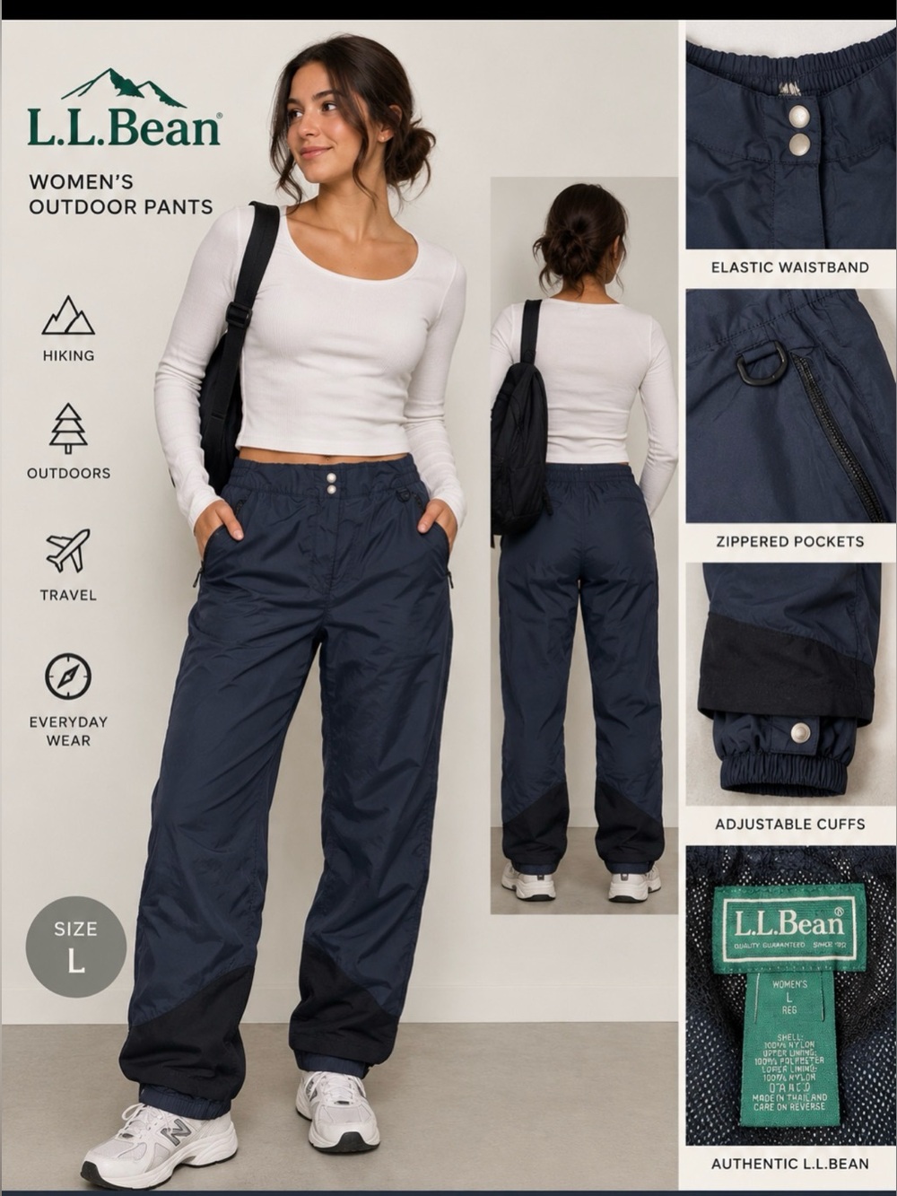 Vintage LLBean Women L Insulated Ski Snow Pants Grey Waterproof Durable